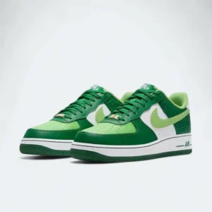 Nike Air Force 1 Low St. Patrick’s Day featuring a vibrant green leather upper, gold accents, and four-leaf clover details celebrating Irish heritage.