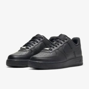 Front view of the Nike Air Force 1 '07 Black sneakers, showcasing the perforated toe box, classic laces, and sturdy rubber outsole