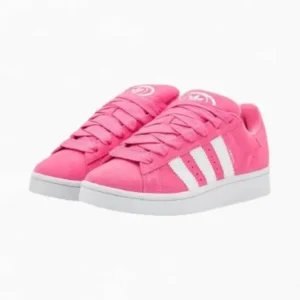 Adidas Campus 00s Pink Fusion featuring a premium pink suede upper, chunky rubber sole, and classic 3-Stripes branding for a bold streetwear look.