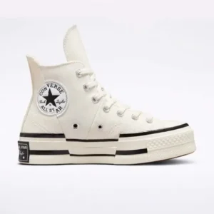 Converse Chuck 70 High Plus ‘Off White’ sneaker on a clean backdrop, featuring asymmetrical canvas paneling, extended tongue, high rubber foxing, and split ankle patch