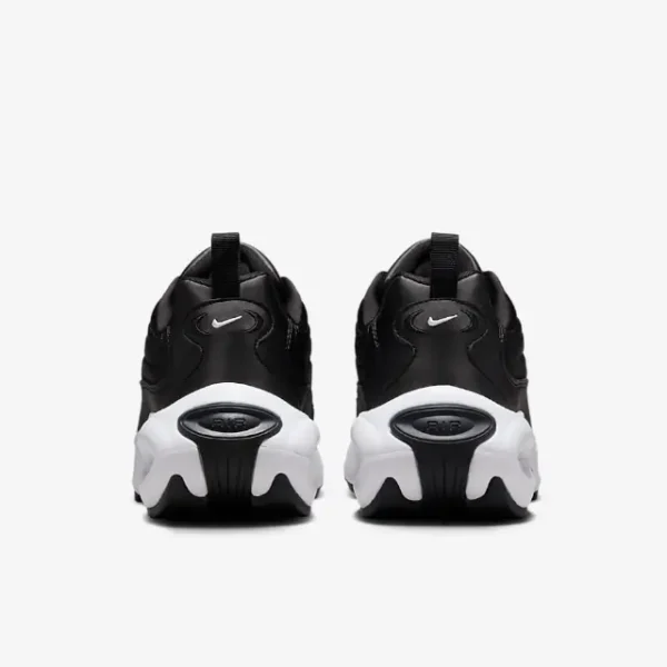 Back view of Nike Air Max Portal Black/White sneaker showing black mesh upper, sculpted white midsole, visible Air Max heel unit, and layered synthetic paneling